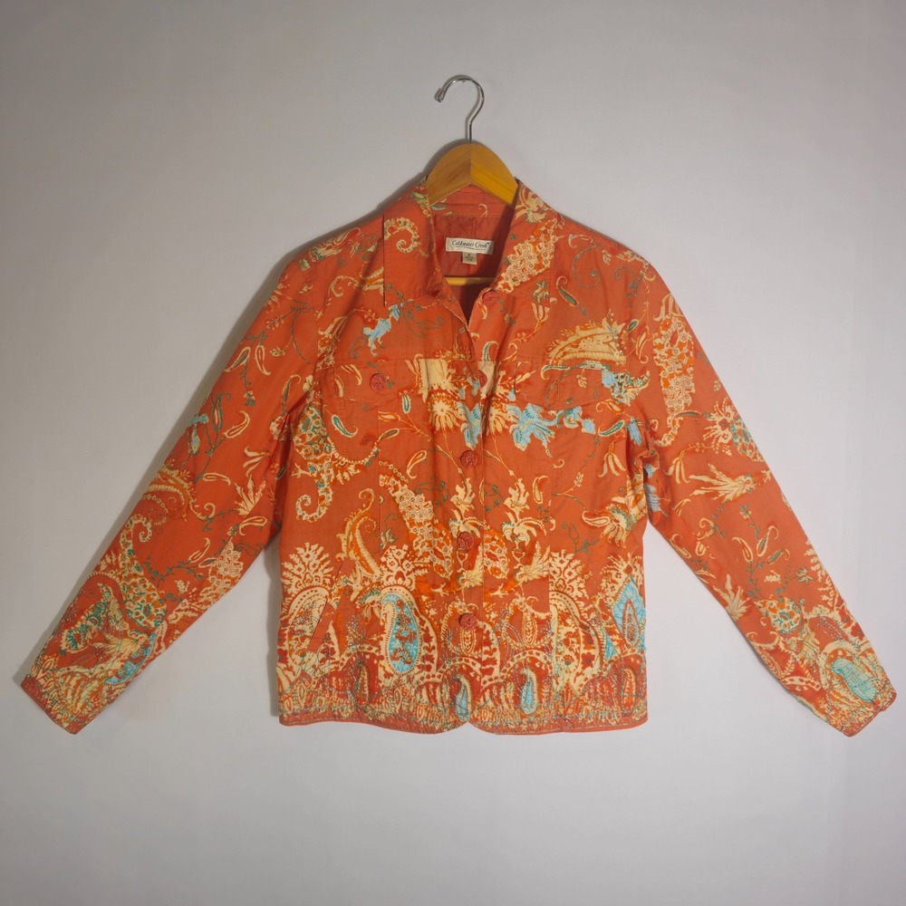 Coldwater Creek Jacket Women's M Orange Lined Floral Print Collar Button Front